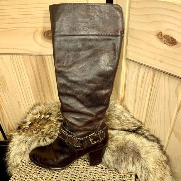 Arturo Chiang Brown Knee High Boots Distressed Leather High Heel Womens Size 7.5 - Picture 14 of 16